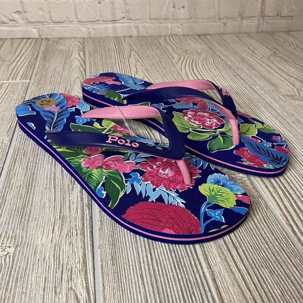 Polo Ralph Lauren Bolt Floral Flip Flip Sandals Men’s 11-12 12D Blue Pink New